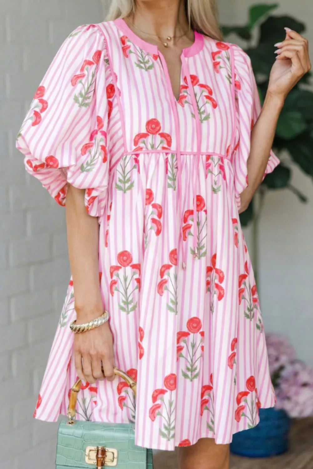 Blush Pink Striped floral puff sleeve babydoll mini dress