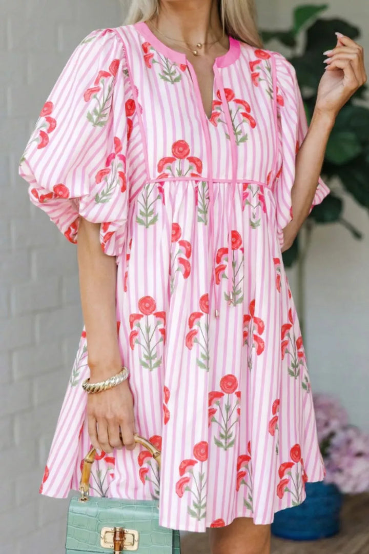 Blush Pink Striped floral puff sleeve babydoll mini dress