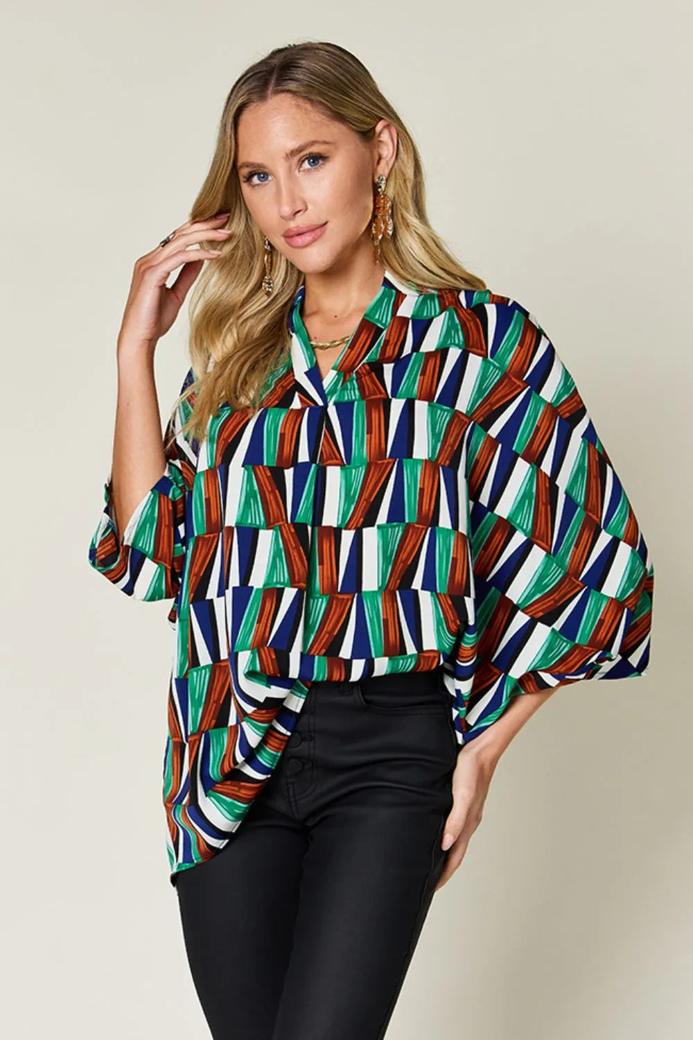 Turquoise Geometric print notched neck dolman sleeve top