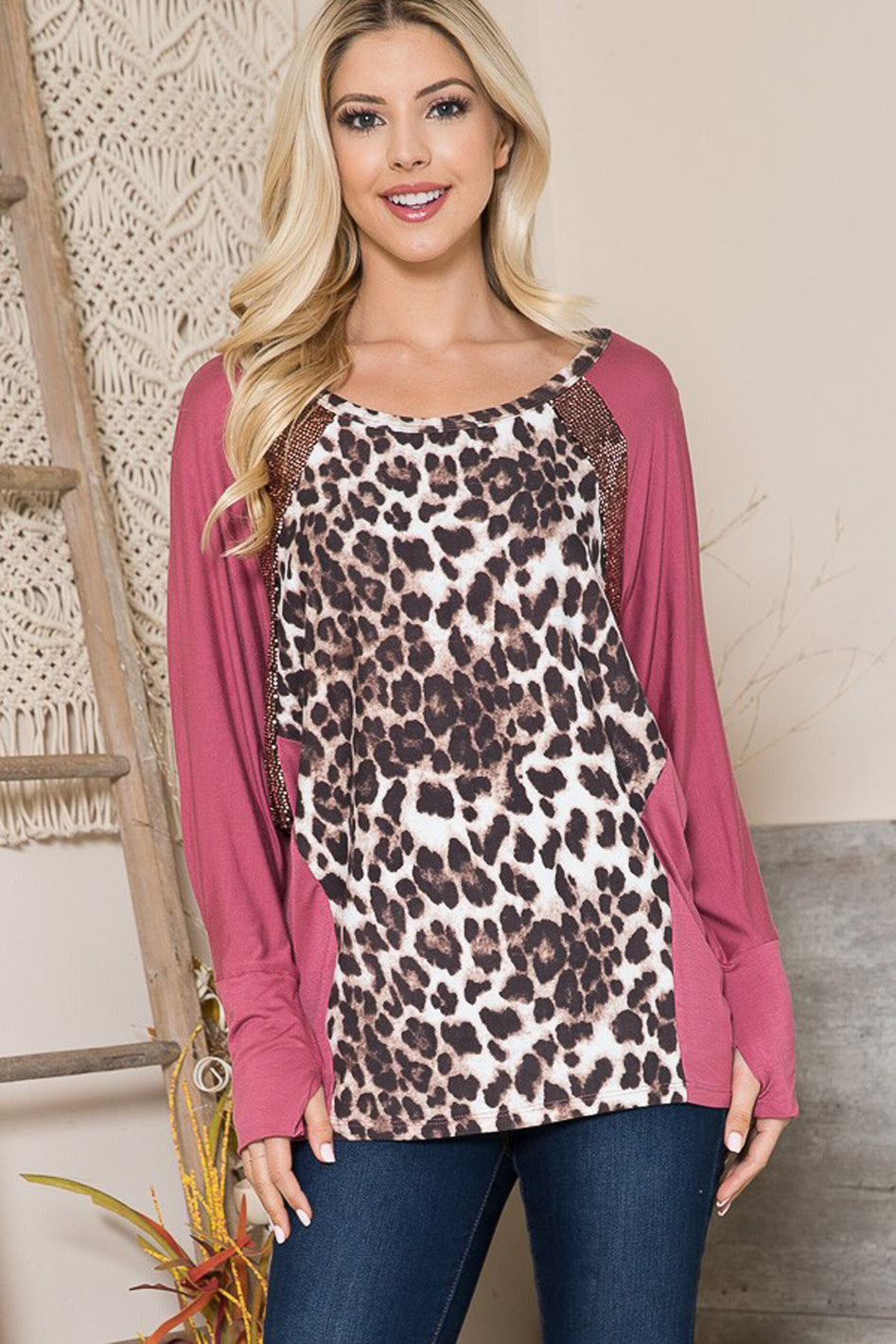 Mixed Media Dolman Knit Top with Thumbhole