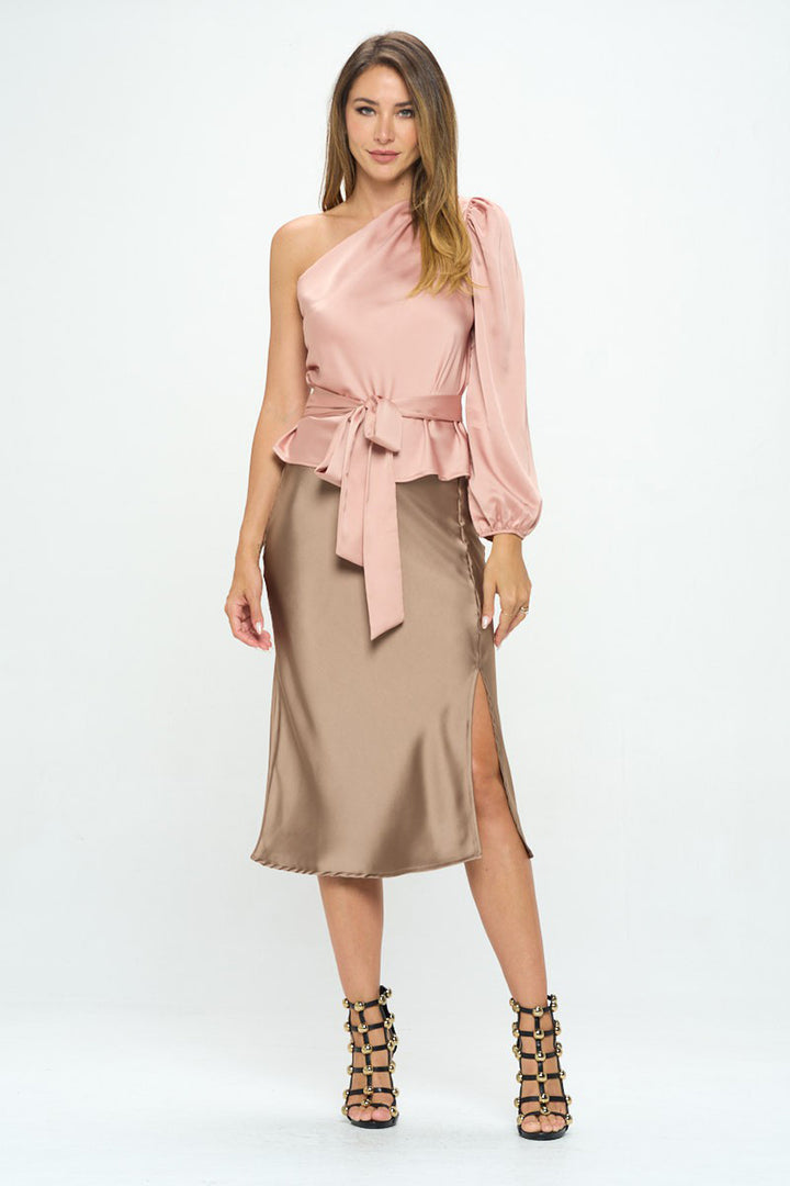 Stretch Satin One Shoulder Formal Top with Tie