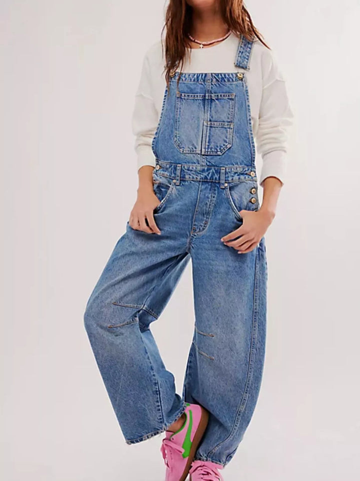 Blue Wide-leg cotton denim overalls with adjustable straps