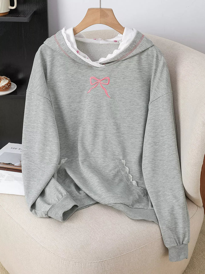 Gray Bow embroidered hoodie with lace trim and front pocket