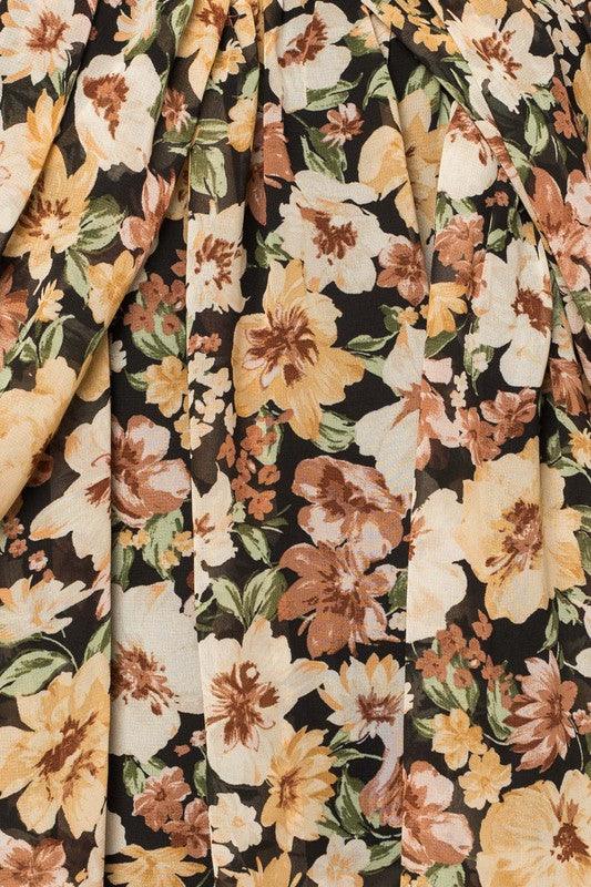 L/S V-Neck Shirring Floral Print Top - Azoroh