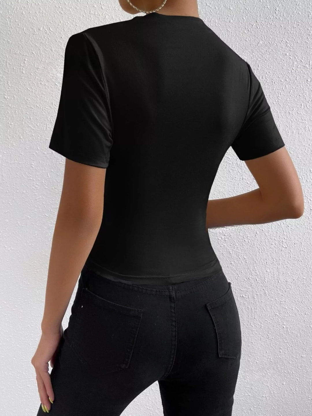 Ruched asymmetric short sleeve fitted top