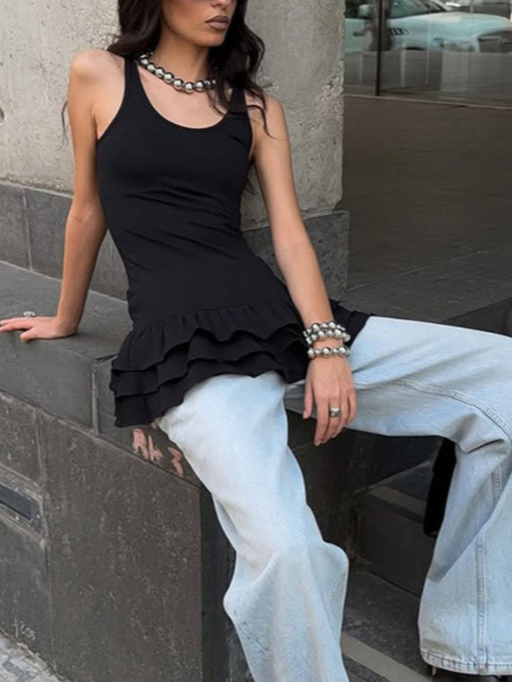 Ruffled tiered hem scoop neck tank top