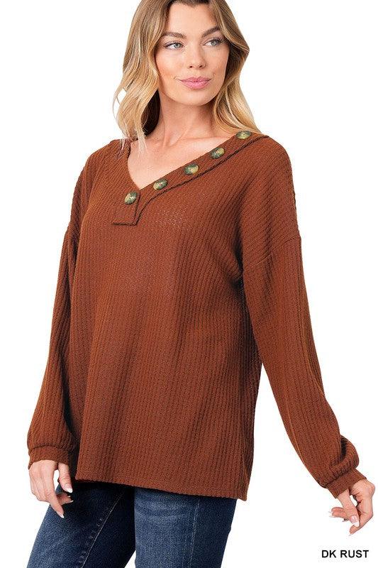 Brushed Waffle V-Neck Button Detail Sweater - Azoroh