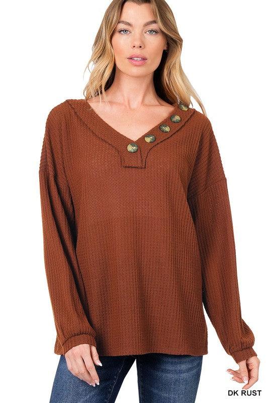Brushed Waffle V-Neck Button Detail Sweater - Azoroh
