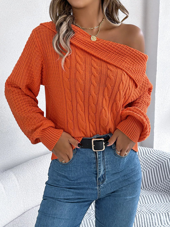 Cable knit one-shoulder sweater with fold-over ribbed collar