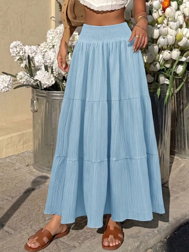 Tiered crinkle maxi skirt with smocked waist