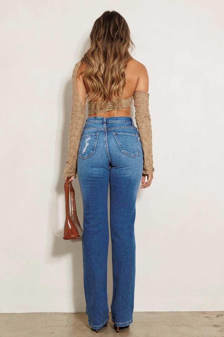 High Rise Subtle Distressed Straight Jeans - Azoroh