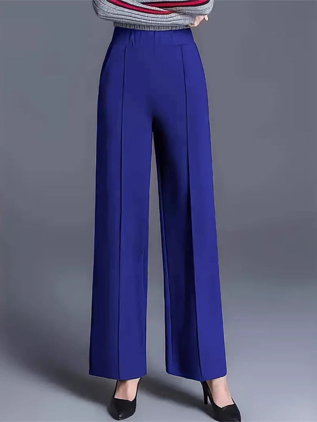 Blue High-waisted wide-leg pintuck pants with pockets
