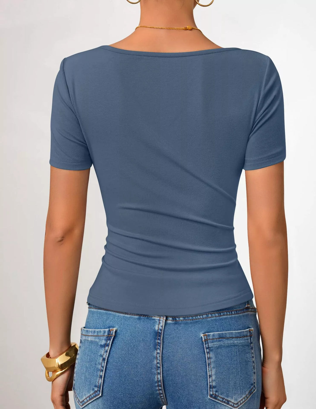 Asymmetrical neckline fitted tee with side ruching