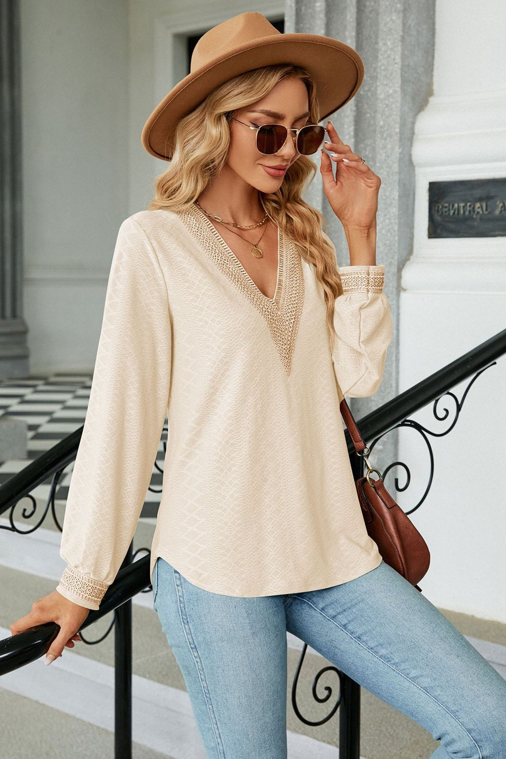 Textured crochet lace V-neck long sleeve blouse