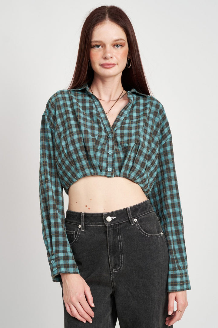 CROPPED BUTTON UP SHIRT WITH ELASTIC WAISTBAND - Azoroh