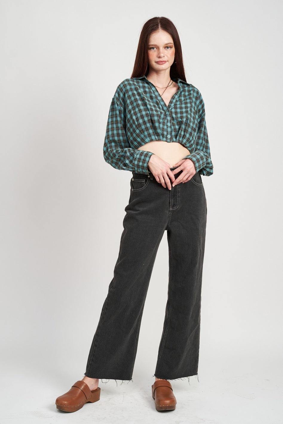 CROPPED BUTTON UP SHIRT WITH ELASTIC WAISTBAND - Azoroh