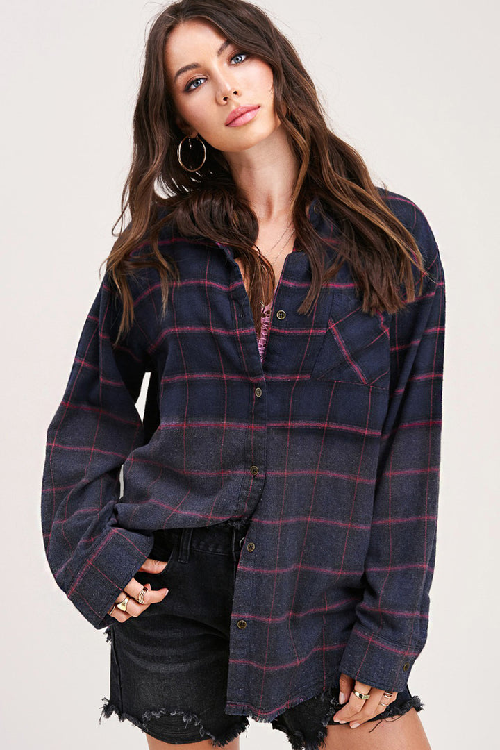 Kayla Vintage Plaid Button-Up Shirt With Raw Cut Hem