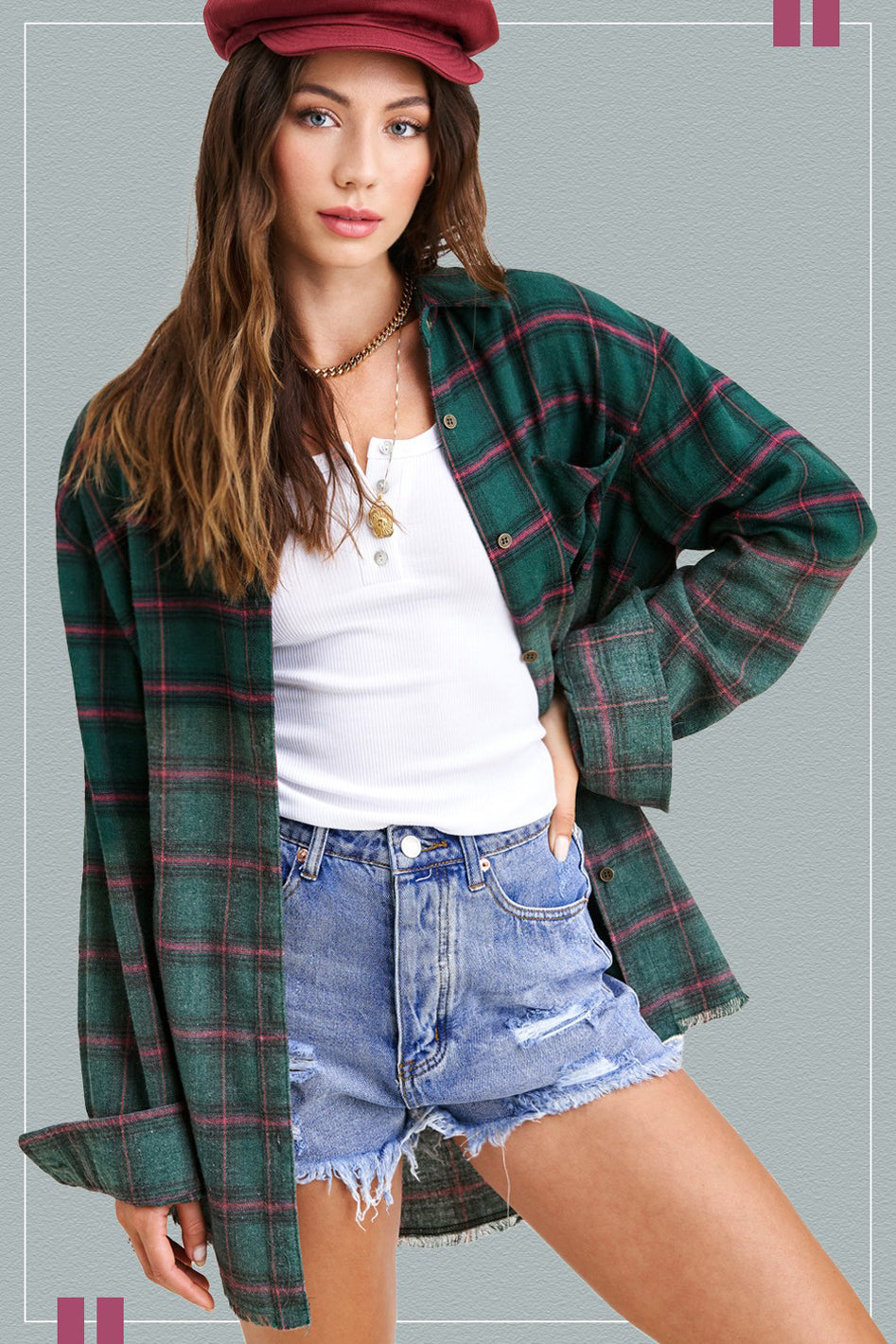 Kayla Vintage Plaid Button-Up Shirt With Raw Cut Hem