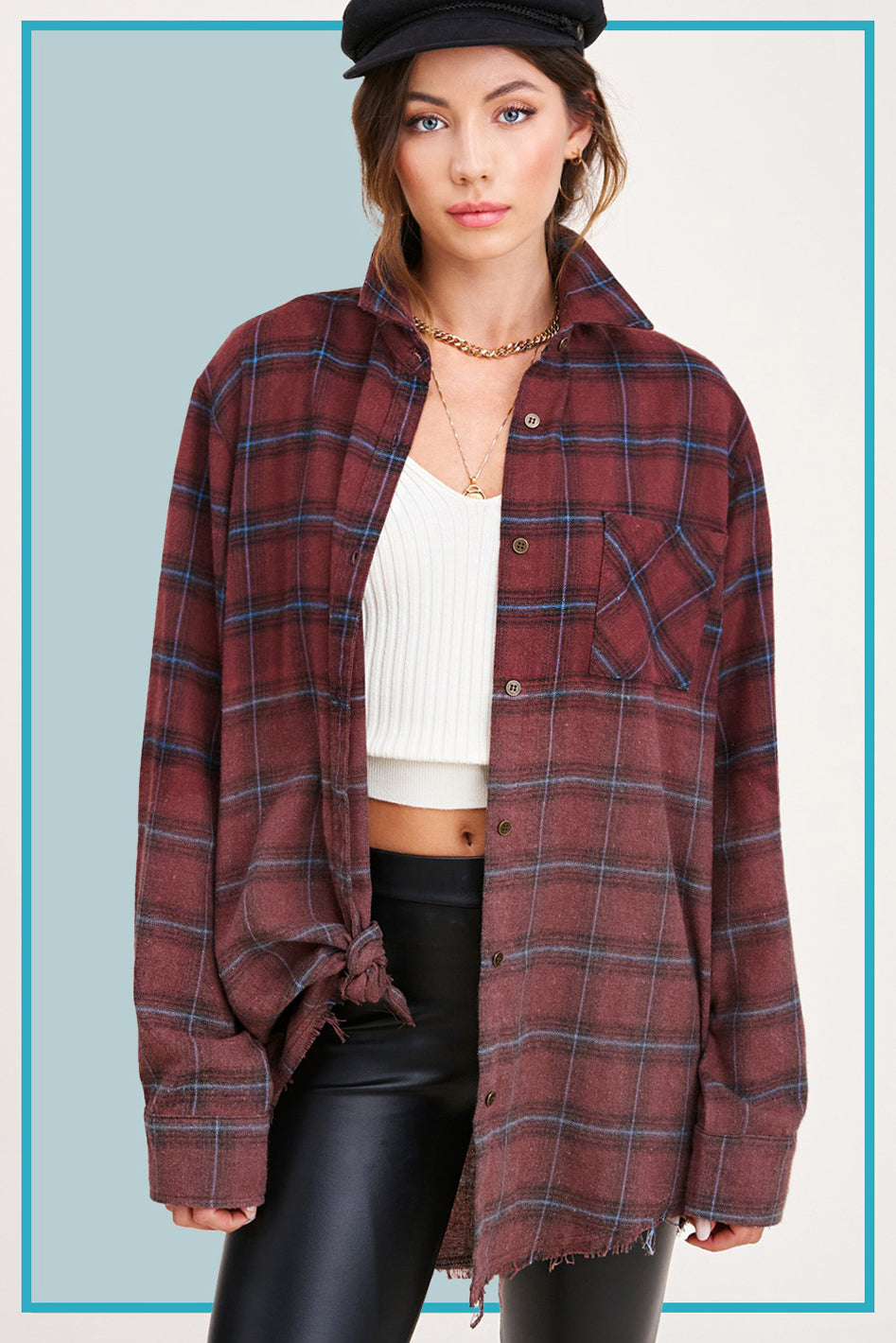 Kayla Vintage Plaid Button-Up Shirt With Raw Cut Hem