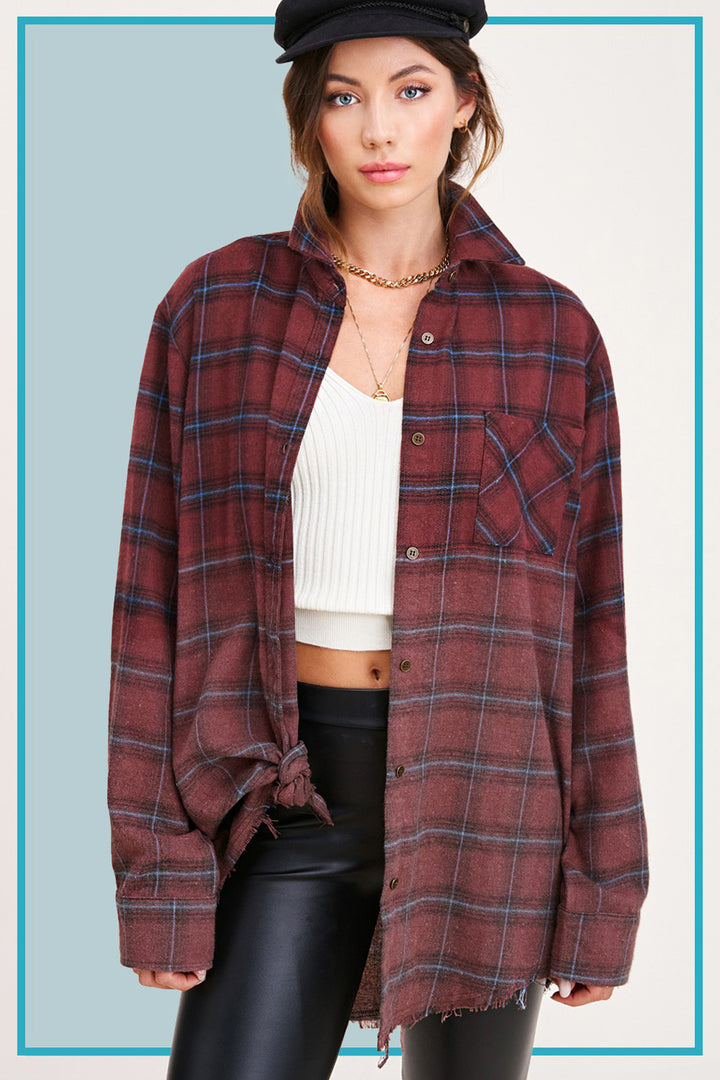 Kayla Vintage Plaid Button-Up Shirt With Raw Cut Hem