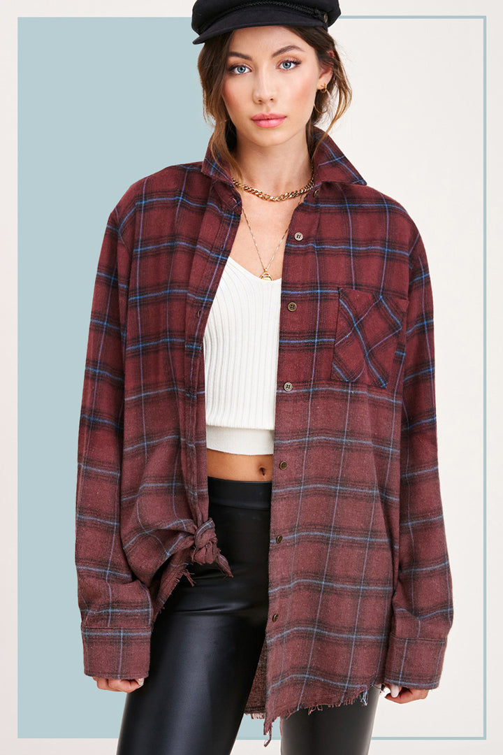 Kayla Vintage Plaid Button-Up Shirt With Raw Cut Hem