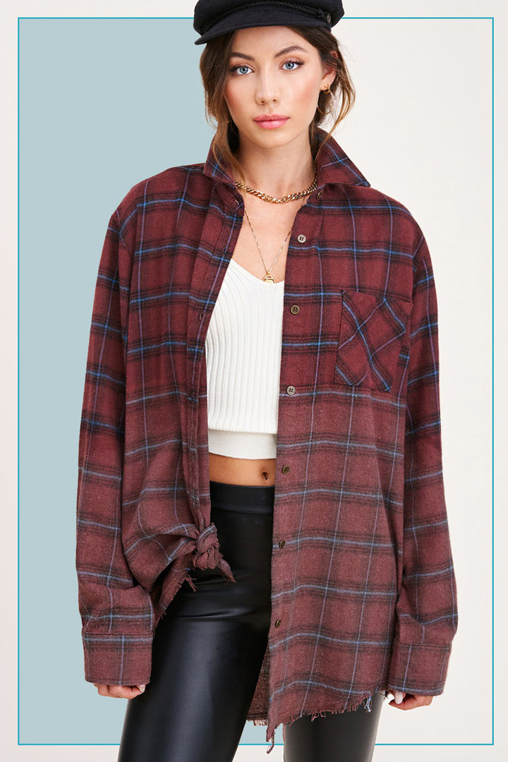 Kayla Vintage Plaid Button-Up Shirt With Raw Cut Hem