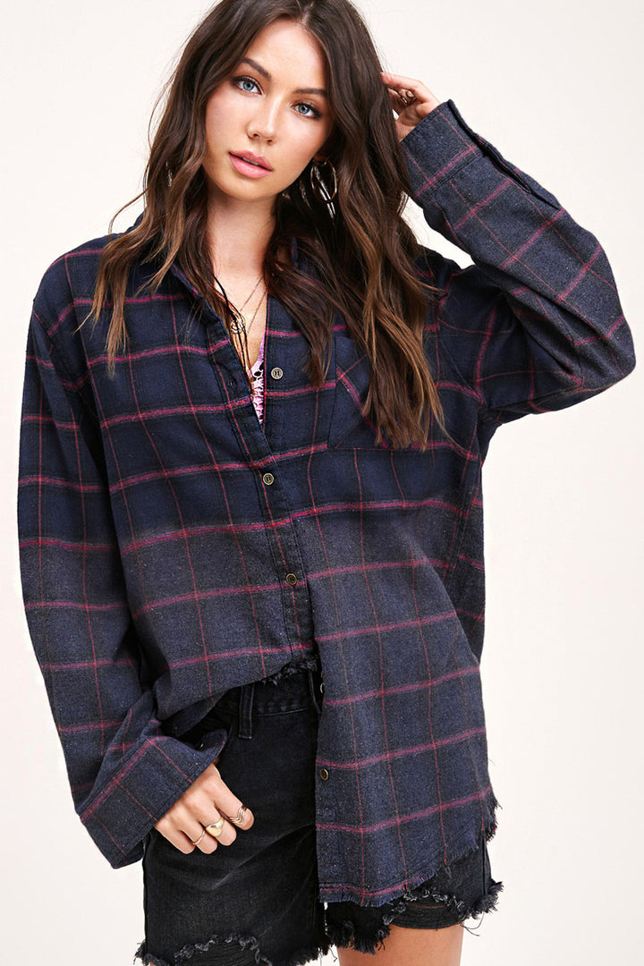 Kayla Vintage Plaid Button-Up Shirt With Raw Cut Hem