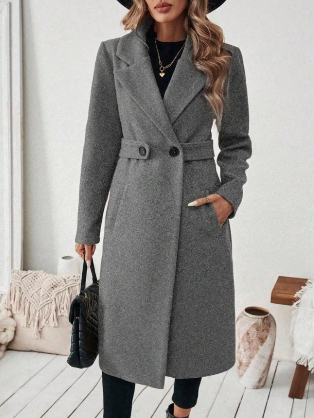 Gray Notched lapel belted longline coat with side pockets
