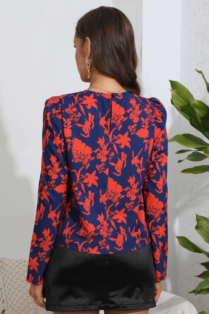 Floral puff sleeve blouse with ruched round neck