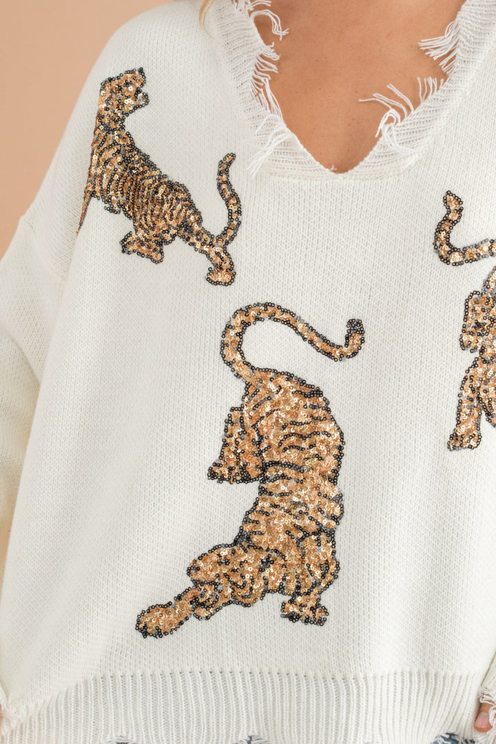 Frayed Edge Sequin Tiger Sweater - Azoroh
