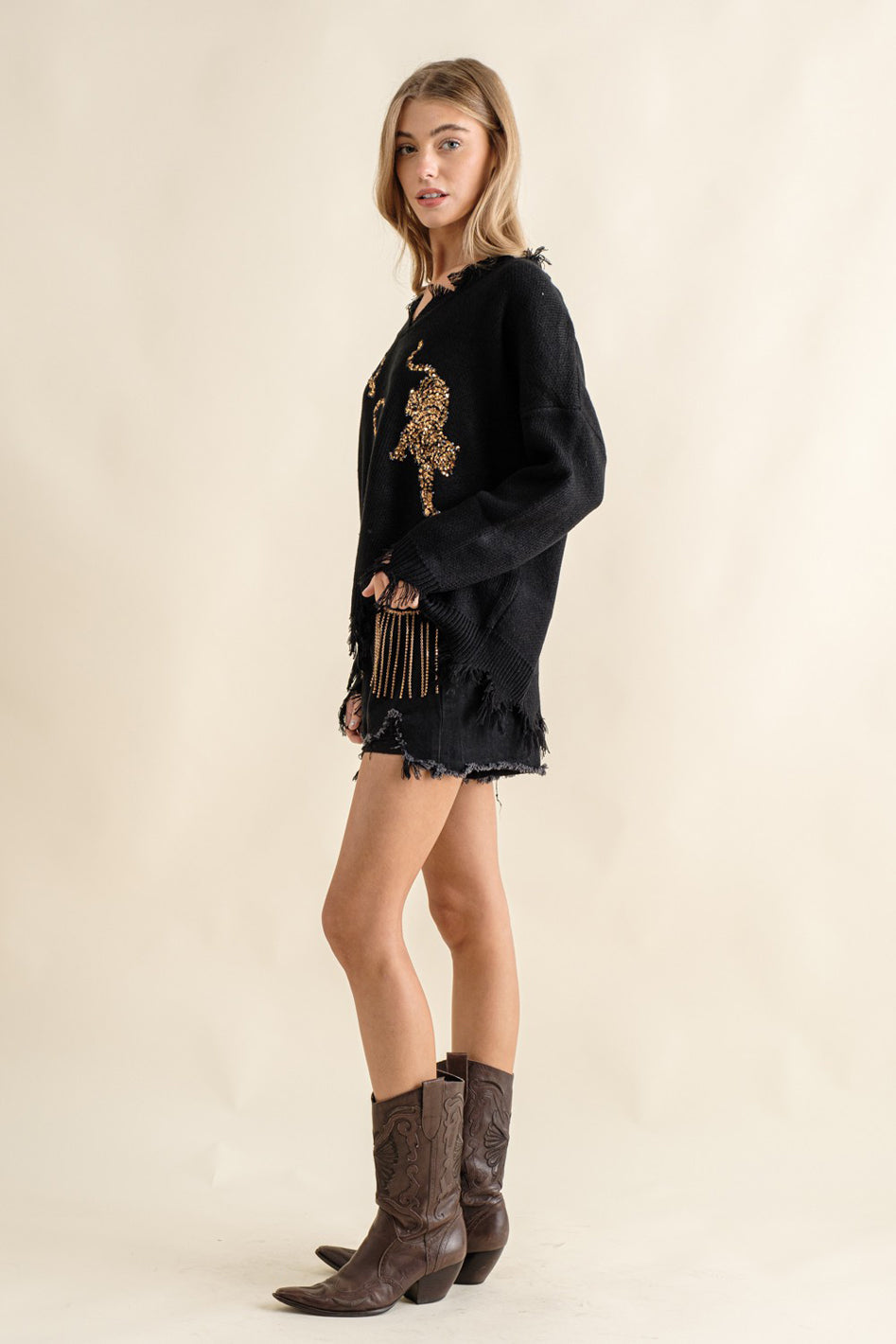 Frayed Edge Sequin Tiger Sweater - Azoroh