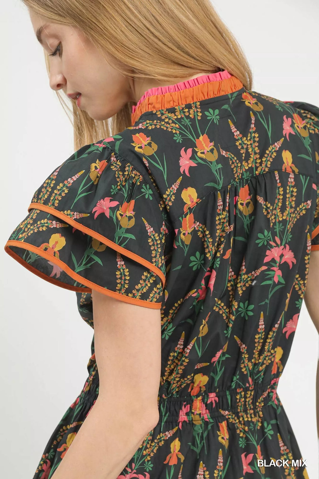 Mixed floral tiered midi dress with flutter sleeves