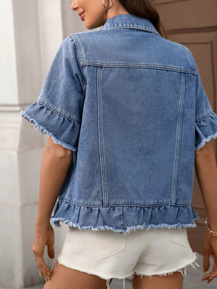 Ruffled raw-hem short-sleeve denim jacket