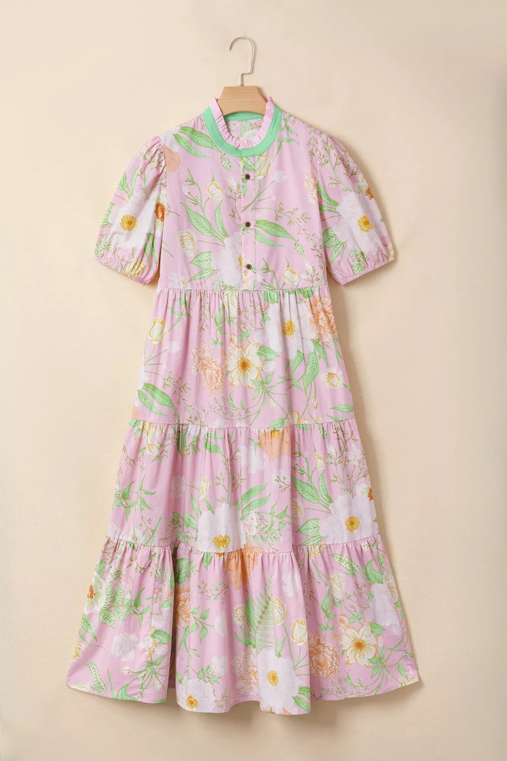 Tiered floral maxi dress with puff sleeves and pockets
