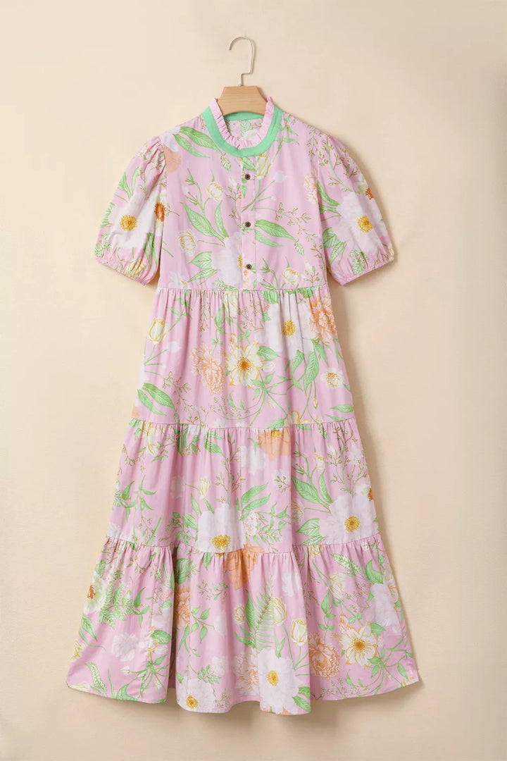 Tiered floral maxi dress with puff sleeves and pockets