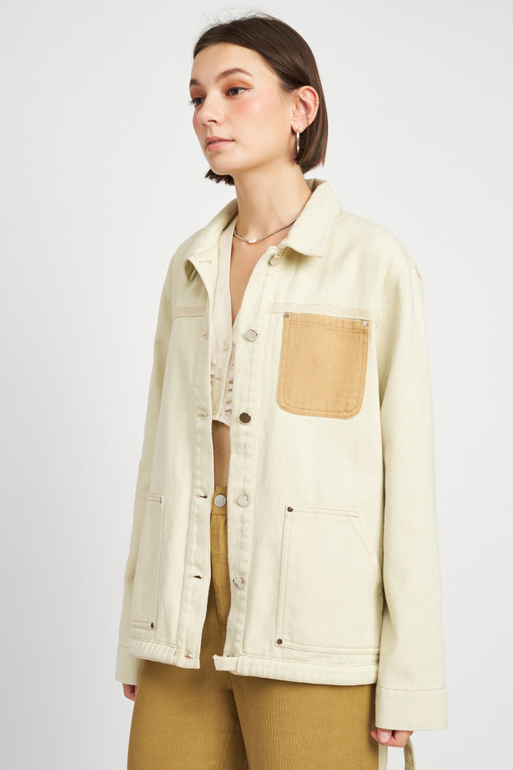 CONTRASTED DENIM JACKET WITH DRAWSTRING - Azoroh