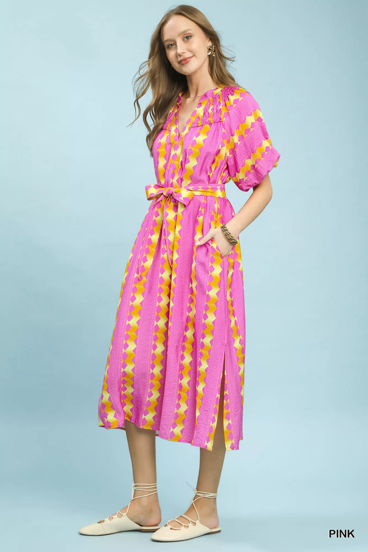 Geometric stripe smocked midi dress with tie waist