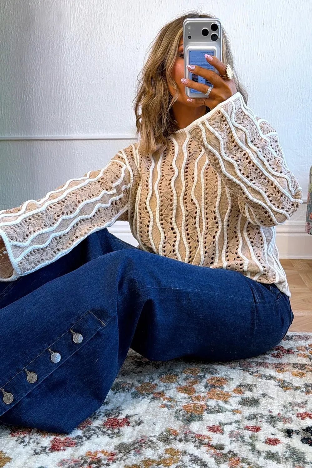 Wavy contrast stripe openwork knit sweater top