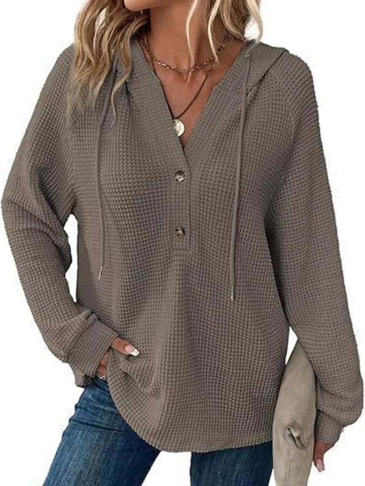 Olive Brown Button-detail waffle knit hoodie with drawstring hood