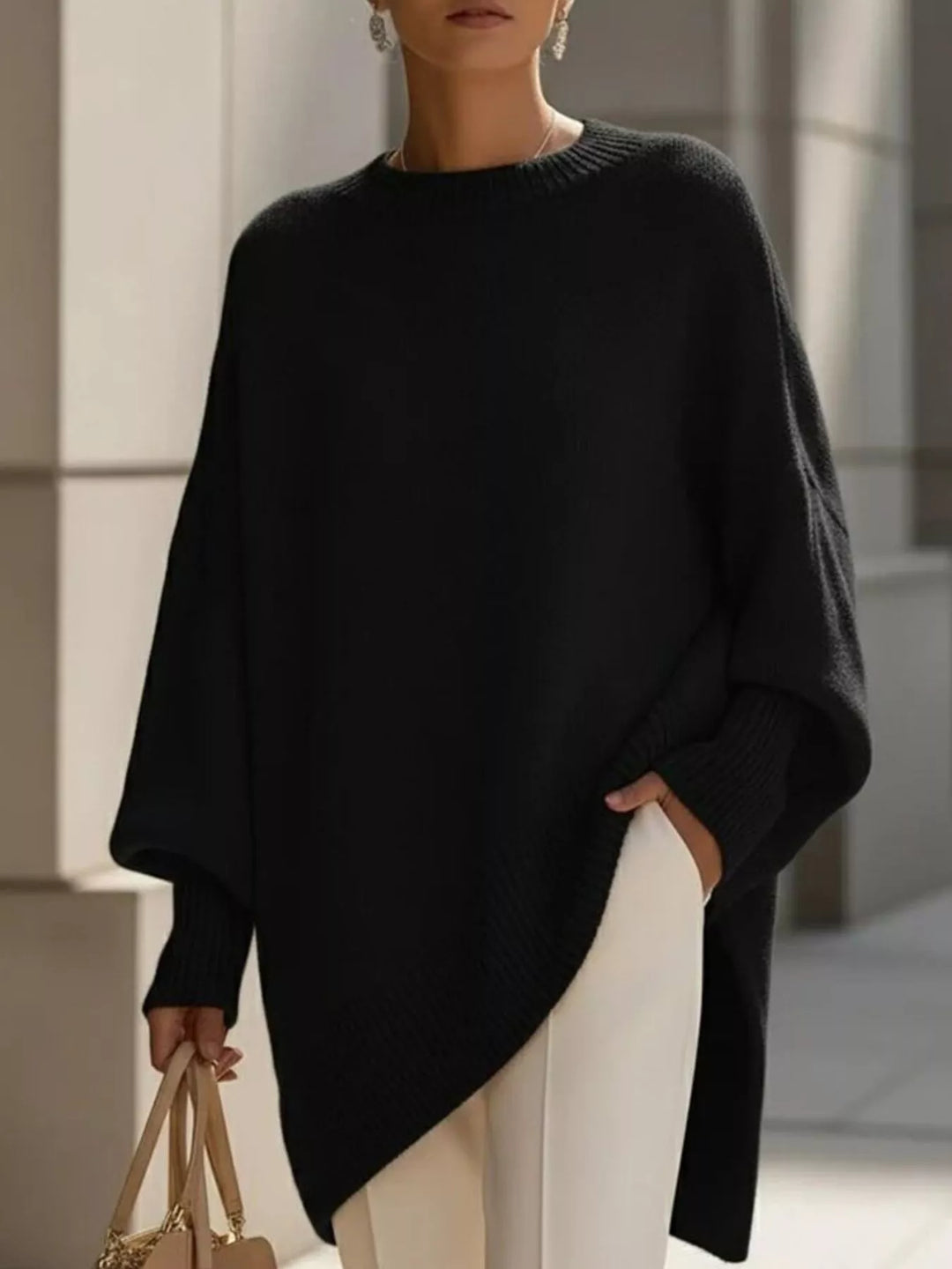 Black Batwing sleeve oversized sweater with asymmetric hem