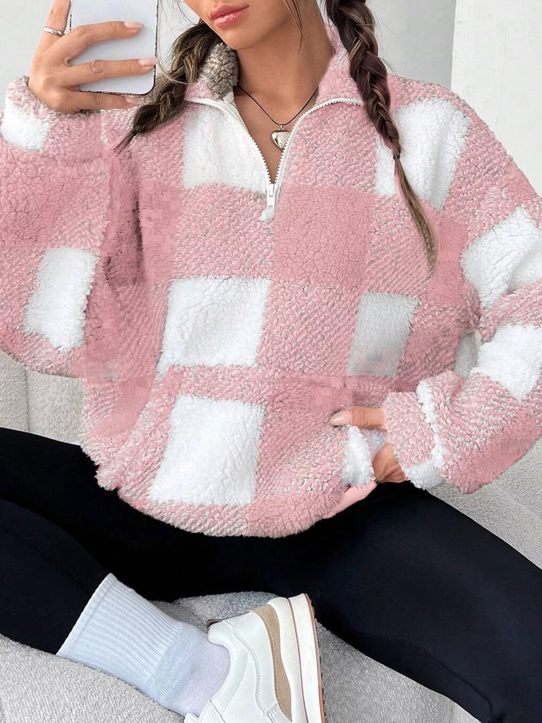 Plaid sherpa quarter-zip pullover with front pocket