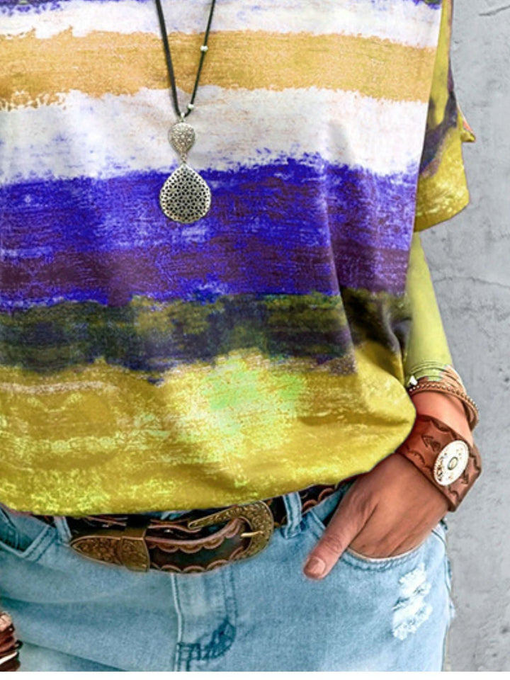 Abstract stripe round-neck short sleeve t-shirt