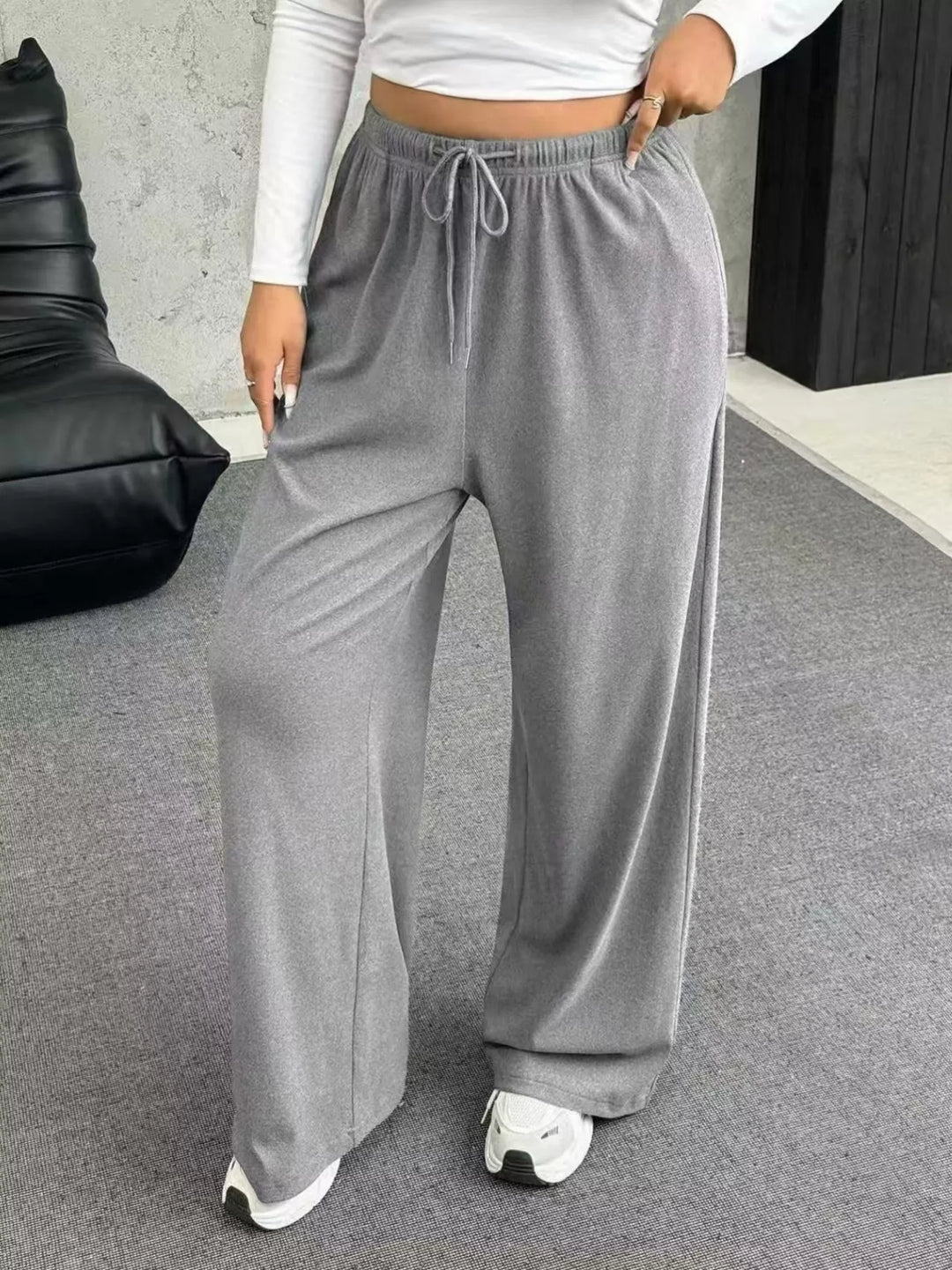 Light Gray Wide-leg drawstring pants with elastic waist and pockets