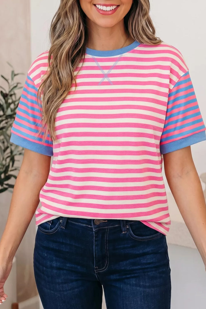 Dusty Pink Striped colorblock short sleeve crew neck tee