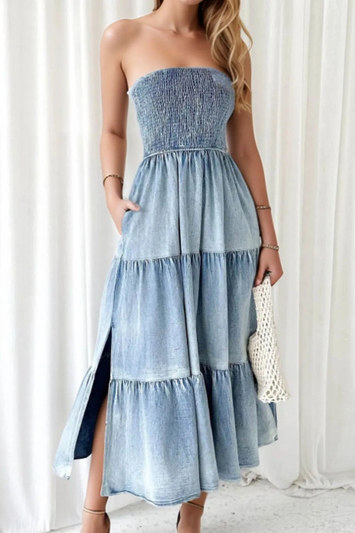 Light Blue Smocked strapless tiered denim maxi dress with side slit
