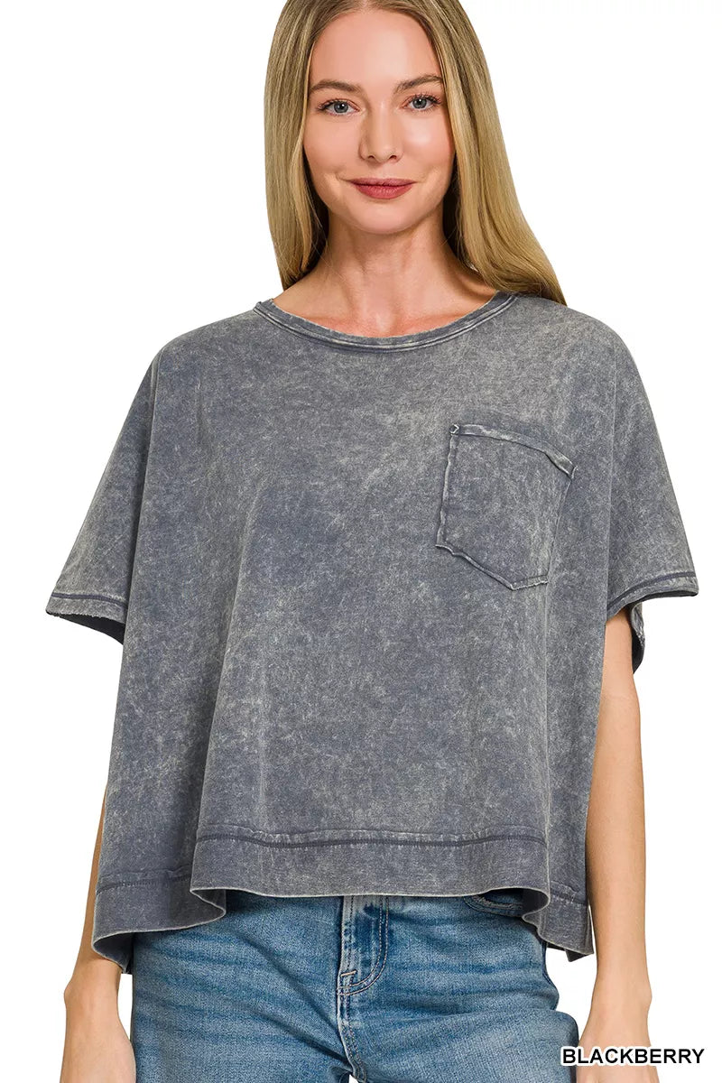 BLACKBERRY Acid-wash oversized boxy crop tee with chest pocket