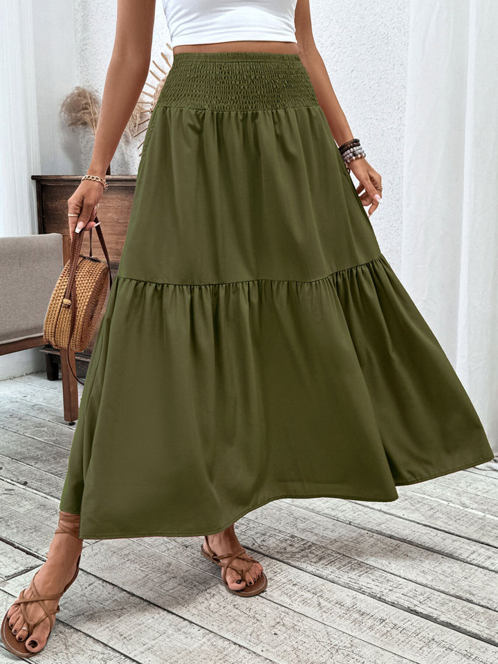 Army Green Smocked high-waist tiered ruffle maxi skirt