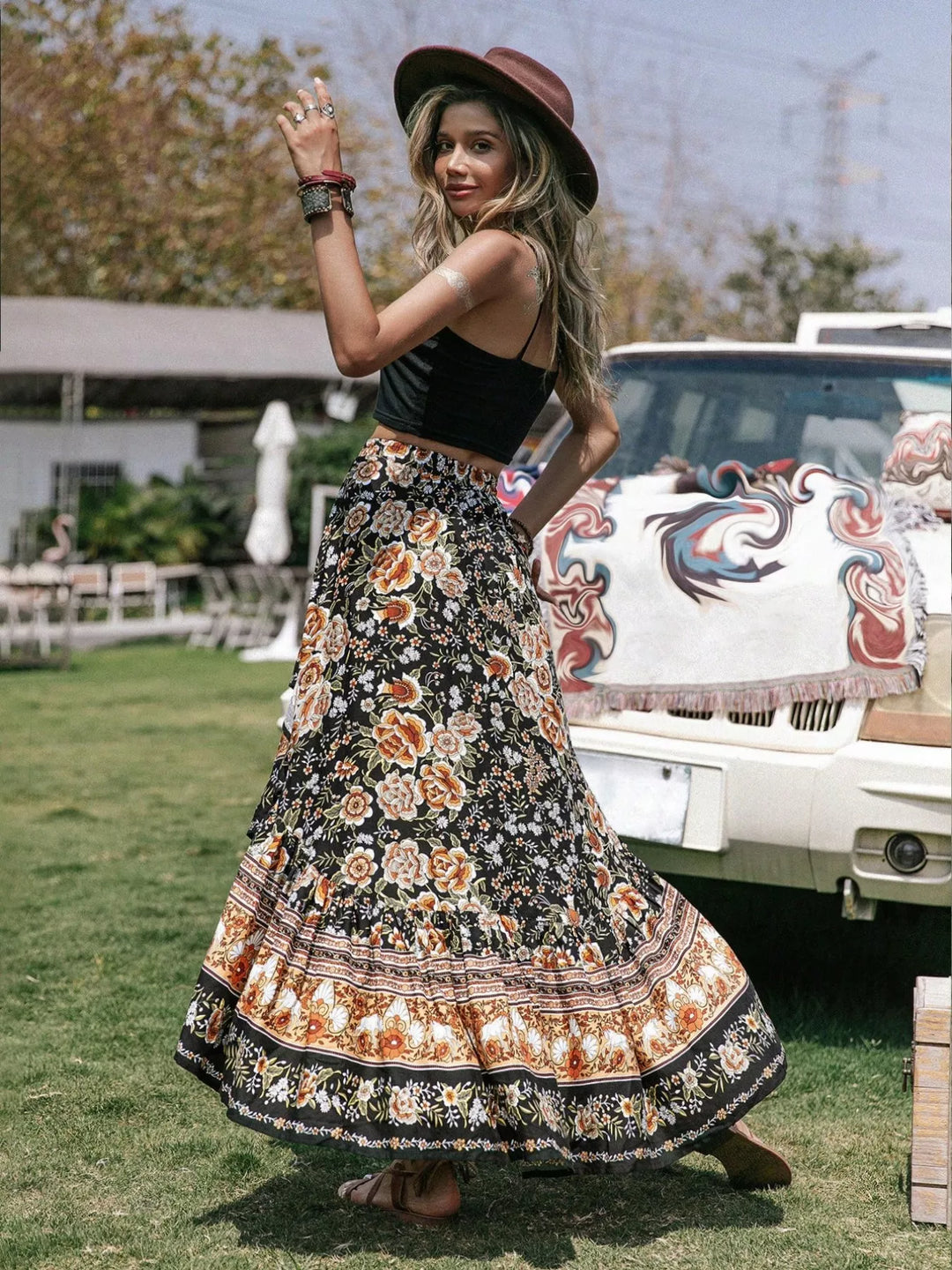 Plus size boho floral high-low midi skirt