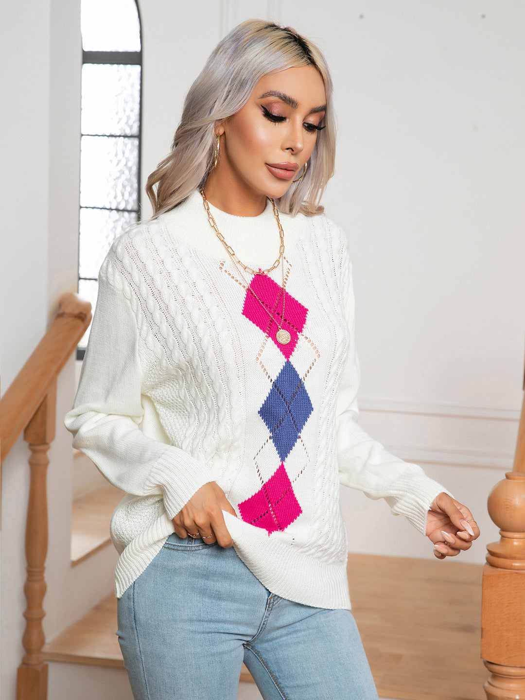 Argyle cable knit mock neck pullover sweater