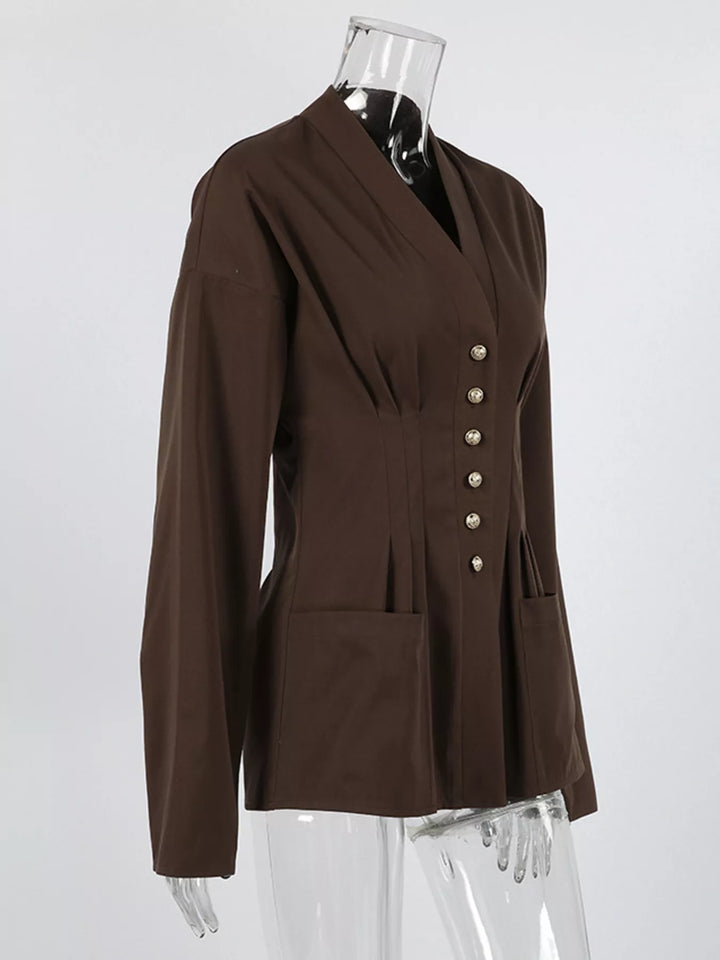 Button-front cinched-waist jacket with flared cuffs